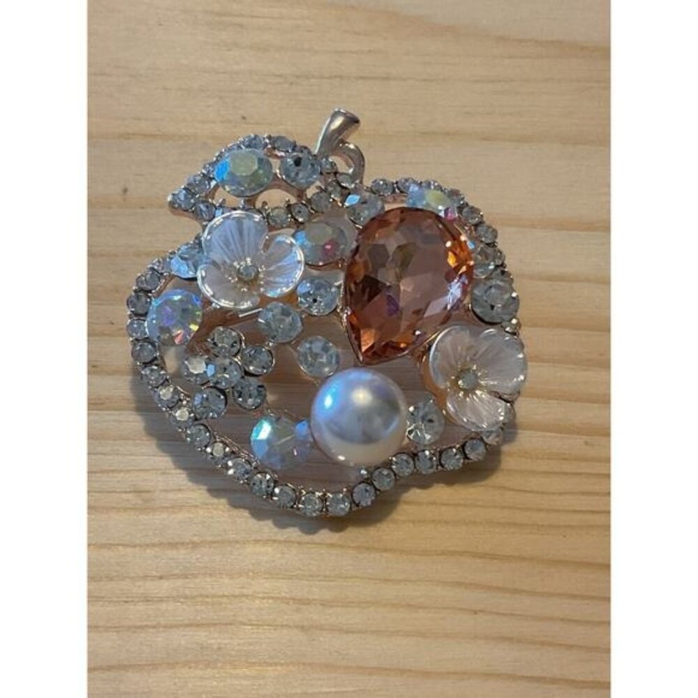 Rhinestone Apple Brooch With Floral & Pearl Accents